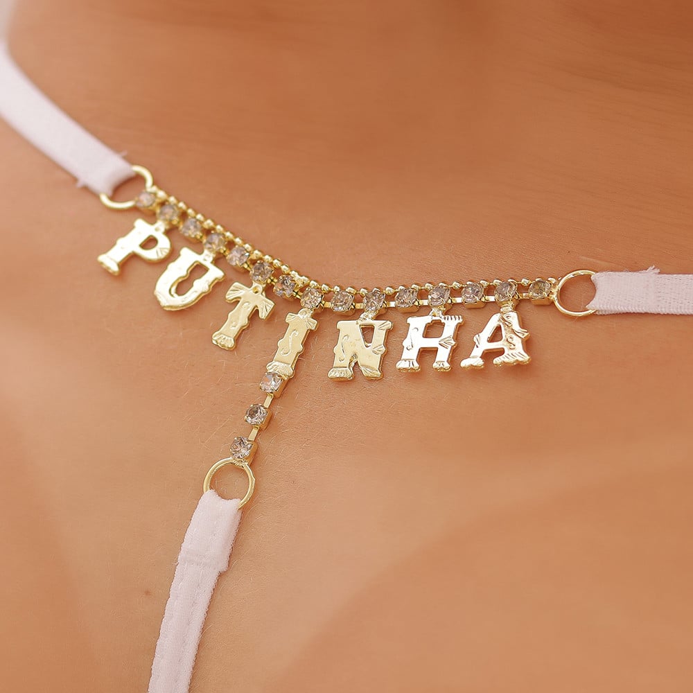 Calcinha Fio Dental Branca Frases com Strass Tallyta