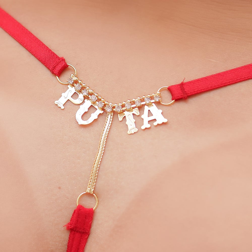 Calcinha Fio Dental Vermelho Frases com Strass Tallyta