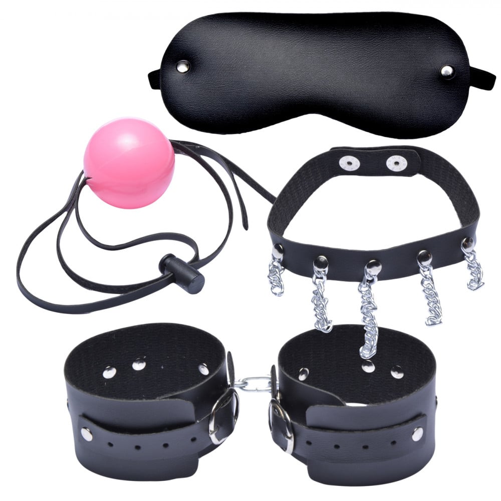 Kit Algema Bracelete com Coleira Venda Tapa Olho e Mordaça Bola Dominatrix