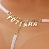 Calcinha Fio Dental Branca Frases com Strass Tallyta