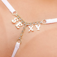 Calcinha Fio Dental Branca Frases com Strass Tallyta