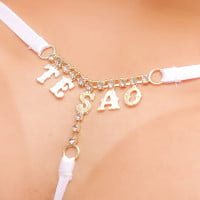 Calcinha Fio Dental Branca Frases com Strass Tallyta