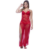 Camisola Longa em Tully e Renda Drapeado com Laço de Cetim Carizia Di Luna